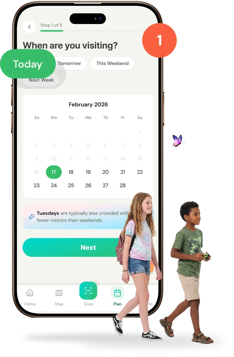 Step 1 of 5: choosing the visit date from a calendar, with Today, Tomorrow and This Weekend shortcuts