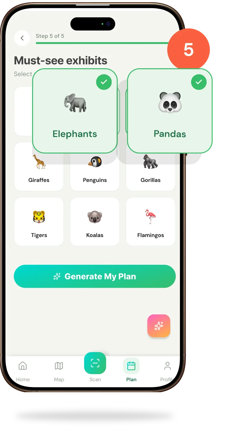 Step 5 of 5: picking must-see exhibits before generating the plan